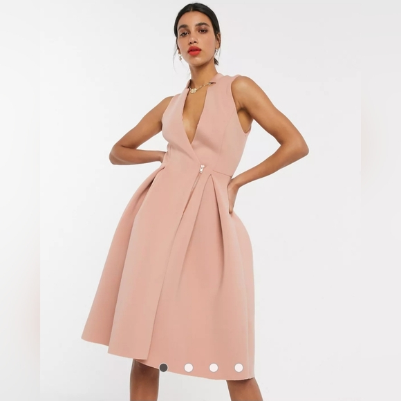 ASOS DESIGN Midi Dress with Zip Detail in Blush Pink, US 2 - Picture 2 of 8